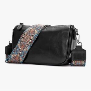 Boyatu Black Leather Crossbody with Colorful Boho Strap
